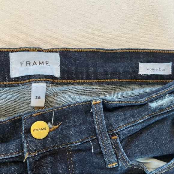 Frame Le Garcon Crop Chewed Hem Jeans Women’s 28 Dark Blue Wash Distress Stretch - Picture 11 of 16